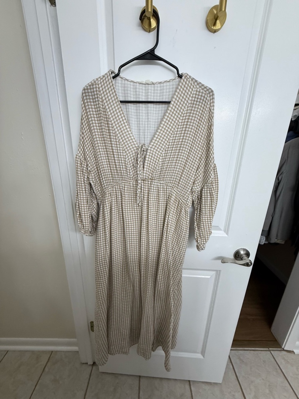 Beige Gingham V-Neck Midi Dress with Tie Front